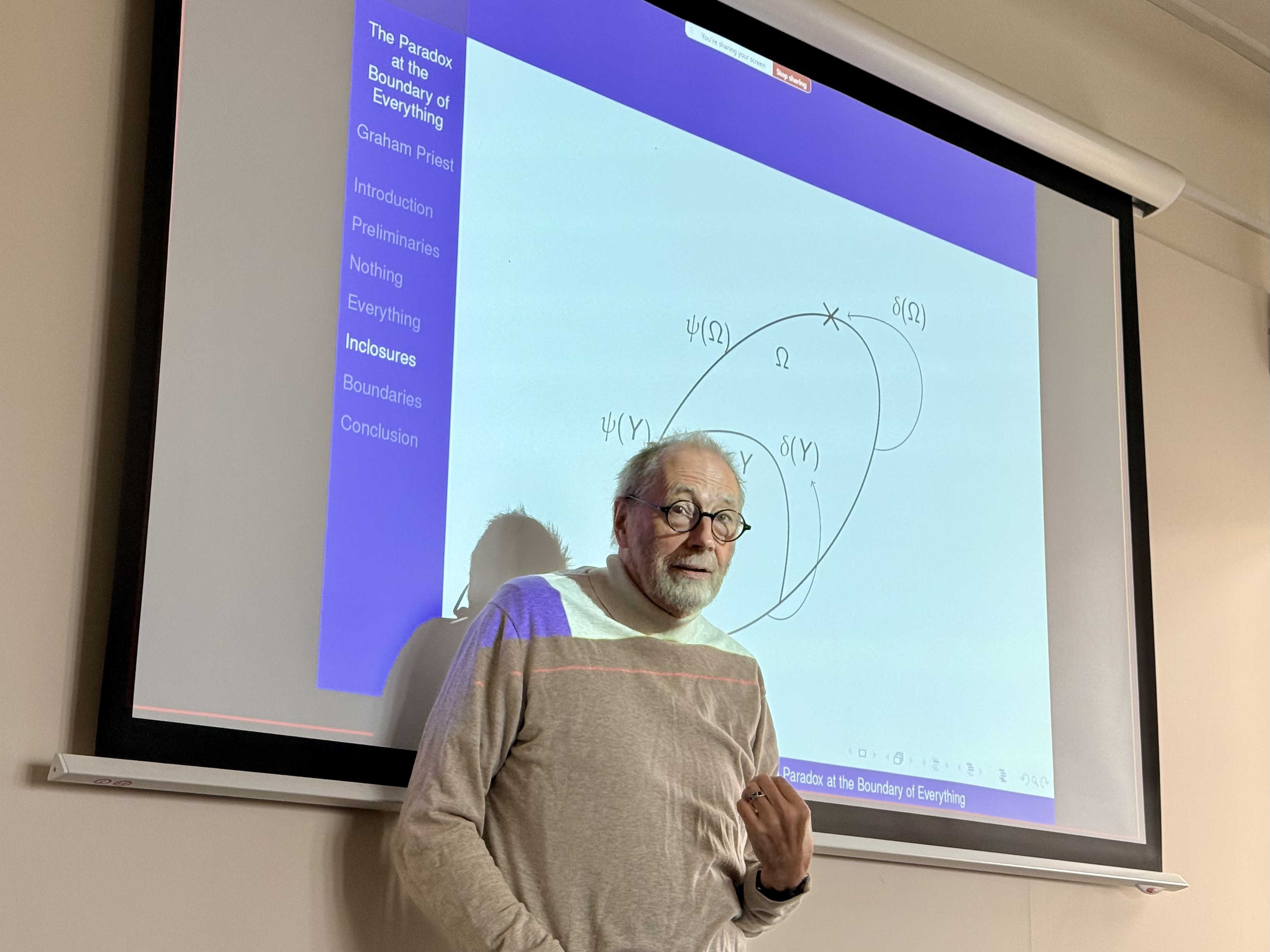 An older
bearded male white man (Prof. Graham Priest) standing on front of a digital
projection, upon which a diagram (illustrating the inclosure schema) is
projected.