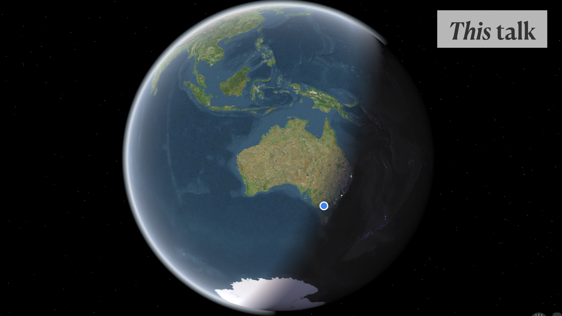 A view of the globe, with eastern Australia at dusk